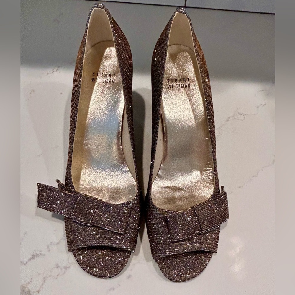 Stuart Weitzman Bowover Evening Pump Pyrite Fabric glitter finish Heels 8 VTG